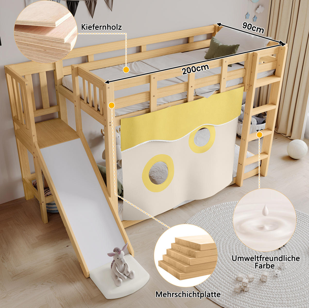 ETAGENBETT 90/200 cm aus Holz mit Treppe, Rutsche, Vorhang und Fallschutz, Natur - Naturfarben, Holz (90/200cm) - Redom