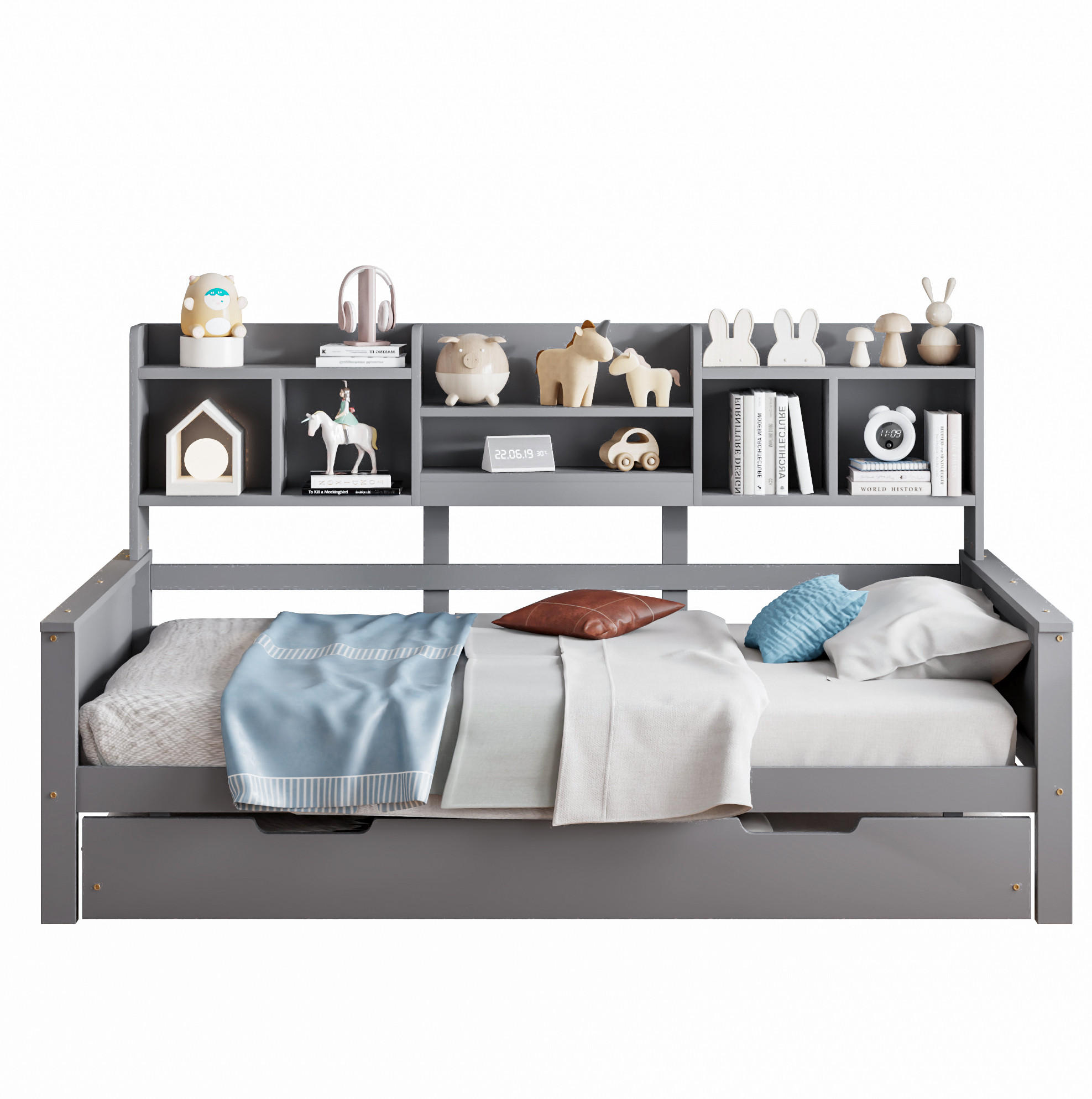 HOLZBETT 90/200 cm aus Kiefer mit Ausziehbett, Stauraum und inkl. Lattenrost - Grau, Holz (90/200cm) - BEAOK