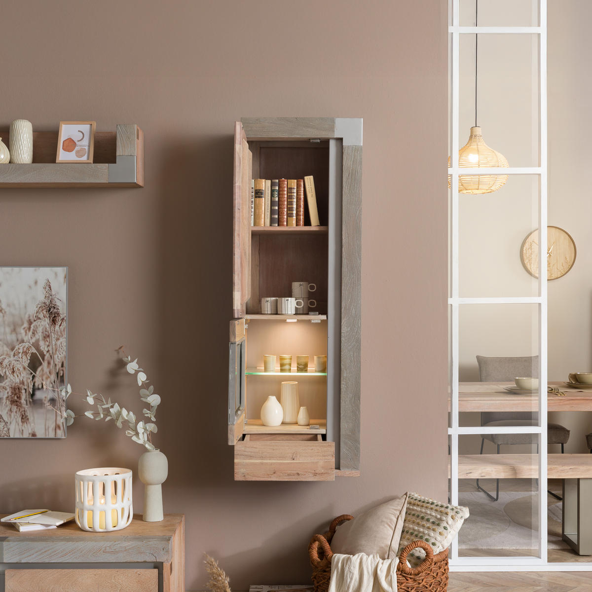 HÄNGEVITRINE Akazie 48x35x142 beige lackiert Amsterdam #112 - Beige, Holz (48/142/35cm) - Massivmoebel24