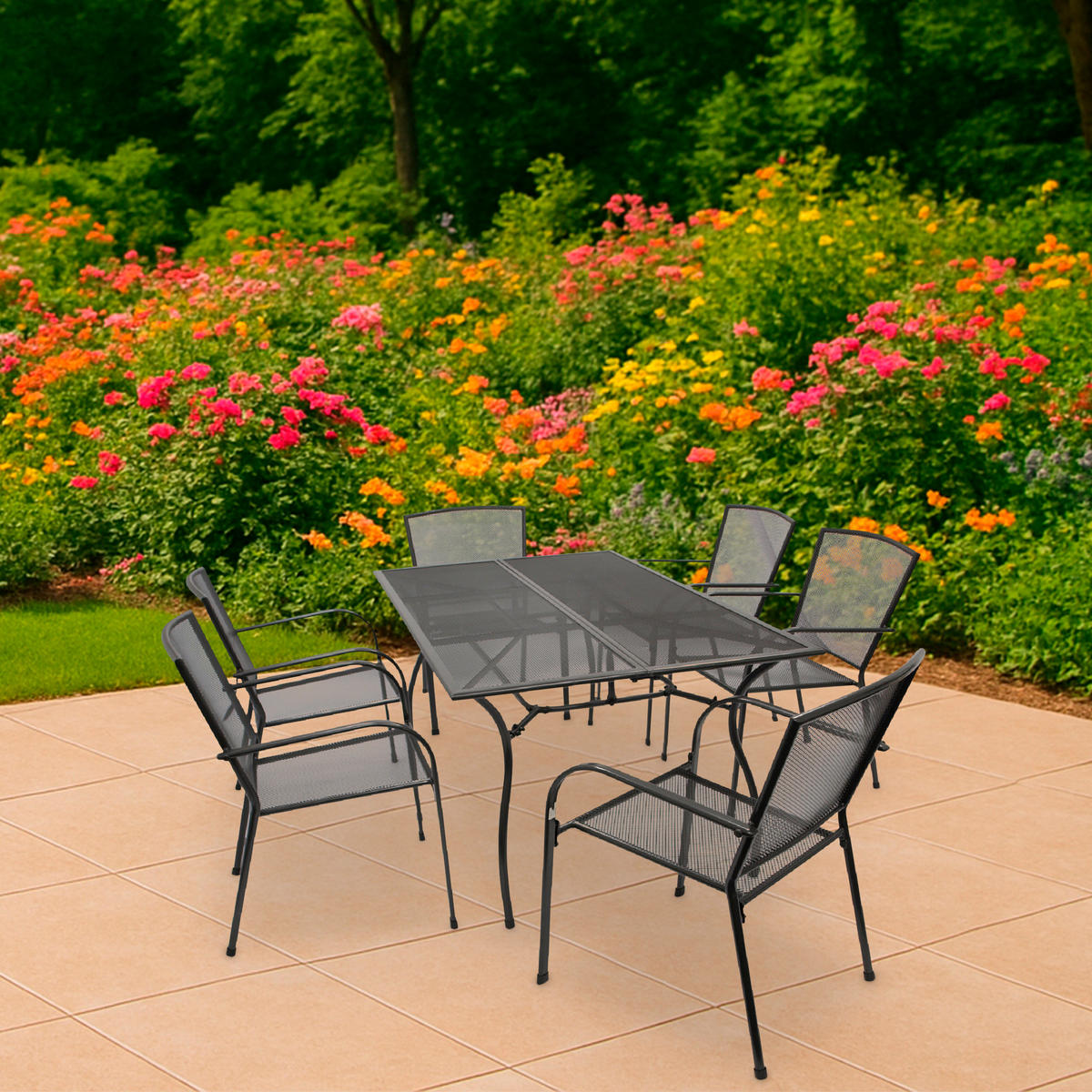 SITZGRUPPE Glasgow - Garten-GARTEN-GARNITUR 7-teilig Classic, Gartenessgruppe aus Streckmetall anthrazit - Grau, Metall - TPFGarden