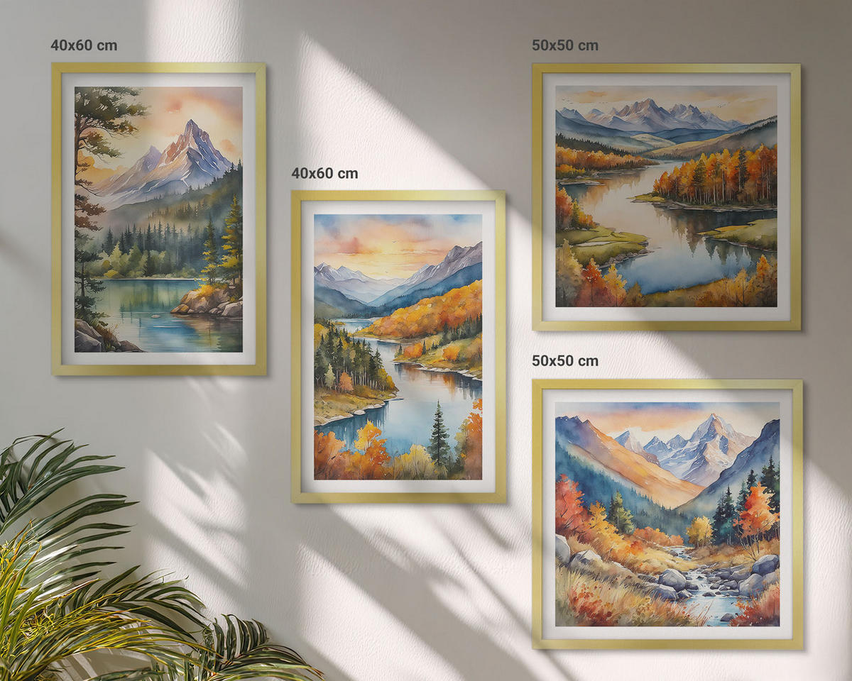 WANDBILDER 4er Set - 50x50 cm & 40x60 cm Goldrahmen - Berglandschaften mit einem Fluss - Goldfarben, Kunststoff (50/50cm) - ArtPrintCave