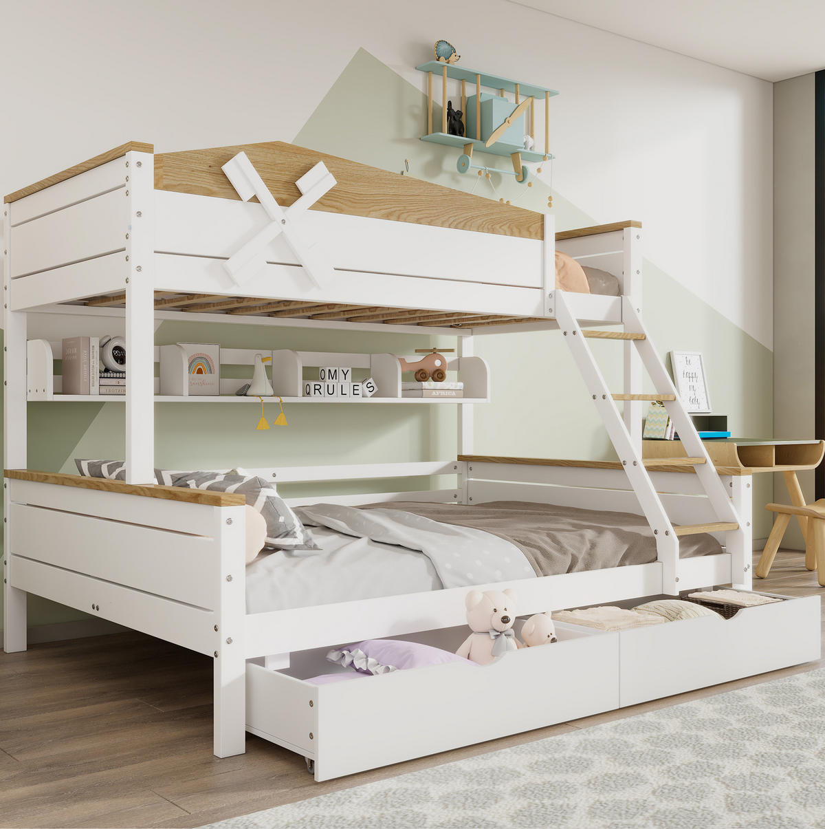 ETAGENBETT 90/200 cm mit Windmühle Weiß+Natur aus Kiefer und MDF mit Regalen und Schubladen - Weiß, Holzwerkstoff (90/200cm) - OKWISH
