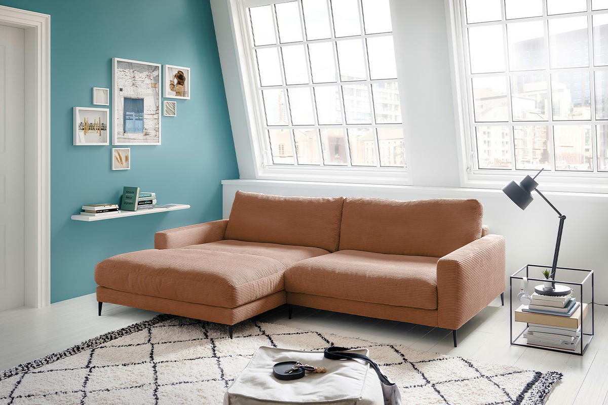 ECKSOFA CARA Braun Cord - Dunkelbraun/Schwarz, Textil/Metall (272/190cm) - KAWOLA