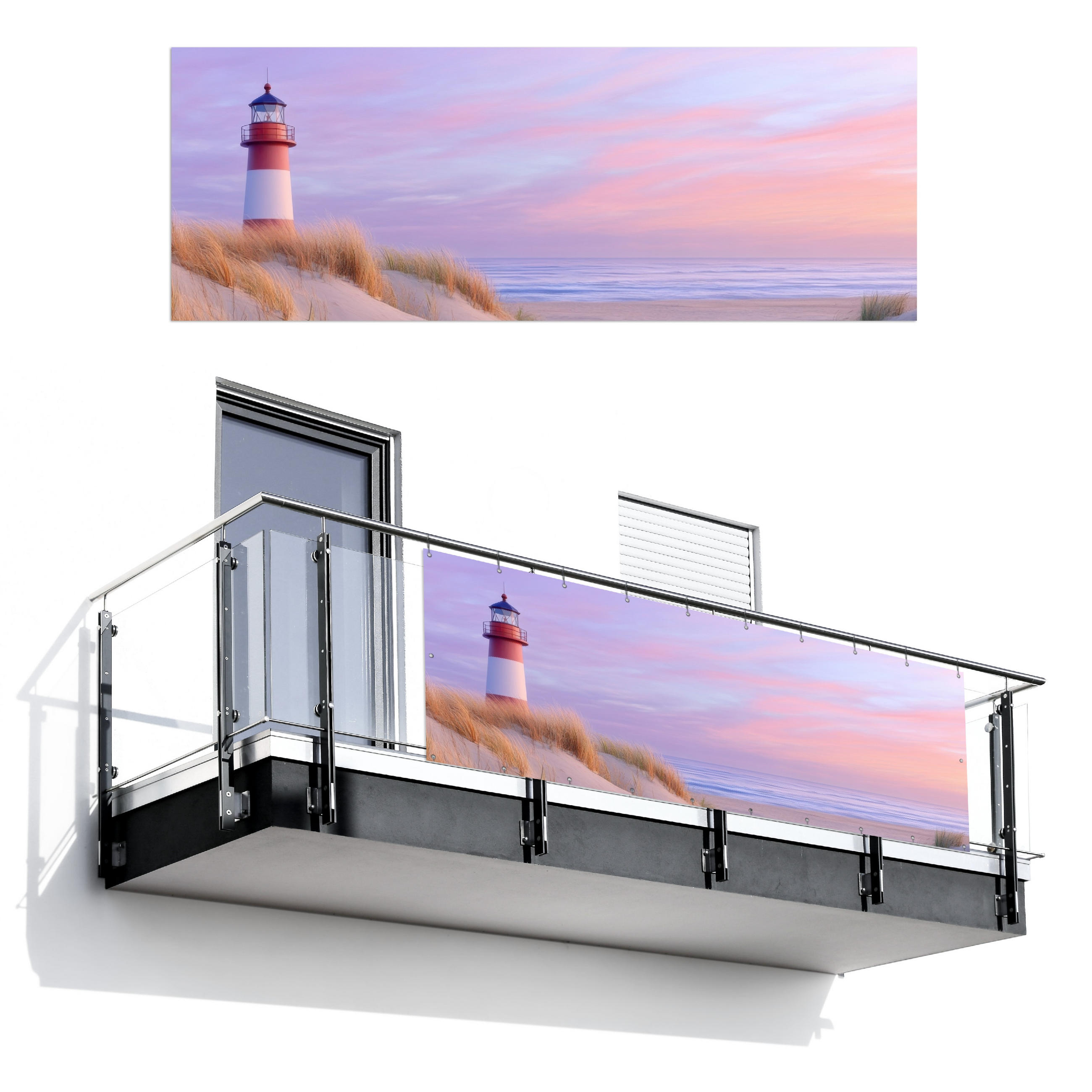 BALKON-SICHTSCHUTZ Leuchtturm - Dünen - Sonnenuntergang 300x110 cm - Hellrosa, Kunststoff (300/110cm) - MuchoWow