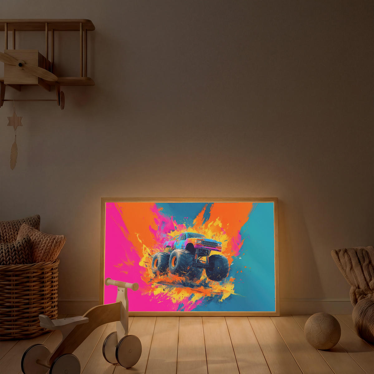 NÁSTĚNNÁ LAMPA S AKUMULÁTOREM Monster truck - Abstraktní - Stříkající barva - Barevné 90x60 cm - růžová, kompozitní dřevo (90/60/8cm) - OnlyWow