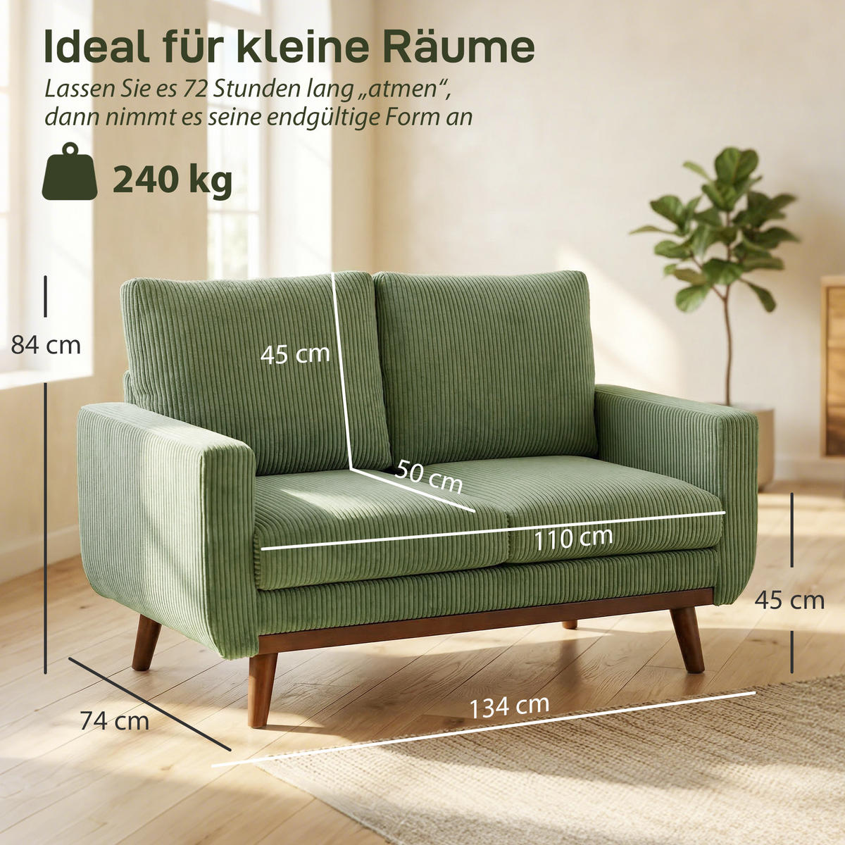 2-SITZER-SOFA Cord Grün - Naturfarben/Grün, Holz/Textil (74/84/134cm) - HOMCOM