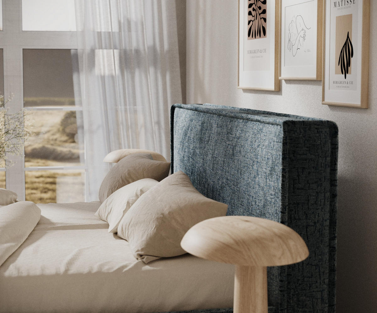 POLSTERBETT Lounge Blau 140/200 cm im Chenille-Stoff - Blau/Naturfarben, Holz/Holzwerkstoff (140/200cm) - Maison de Reve