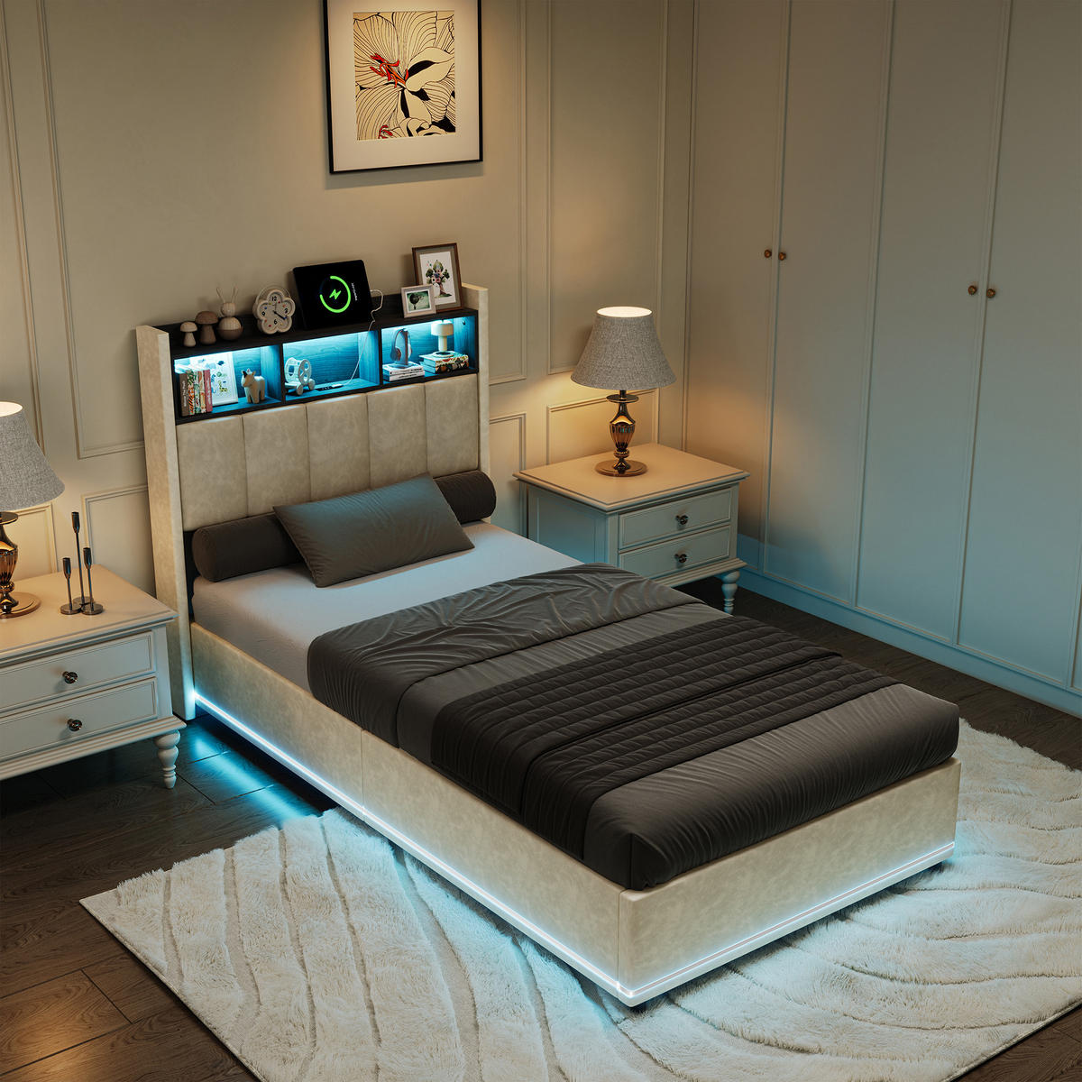 POLSTERBETT 90/200 cm mit Kopfteil-Aufbewahrungsfächern, USB-Ladestation & doppelte LED-Beleuchtung, Stauraum-Polsterbett mit Bettkasten - Beige, Holz/Metall (90/200cm) - Joyfair