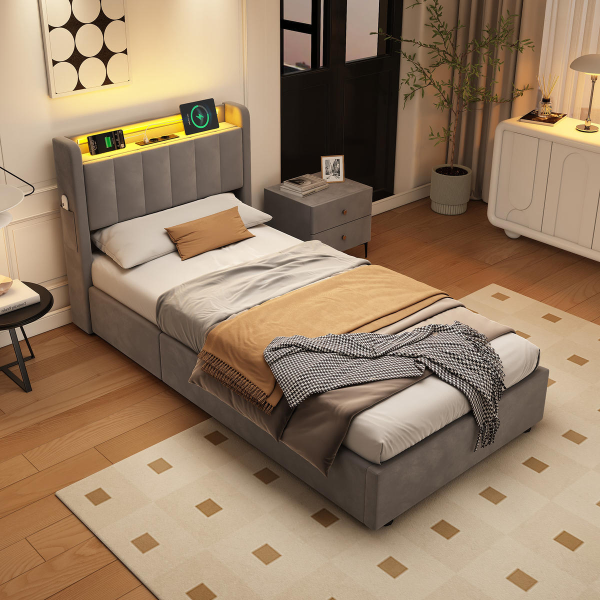 POLSTERBETT 90/200 cm Grau mit LED-Lichtleiste und USB-Anschlüssen - Grau, Holzwerkstoff (90/200cm) - OKWISH