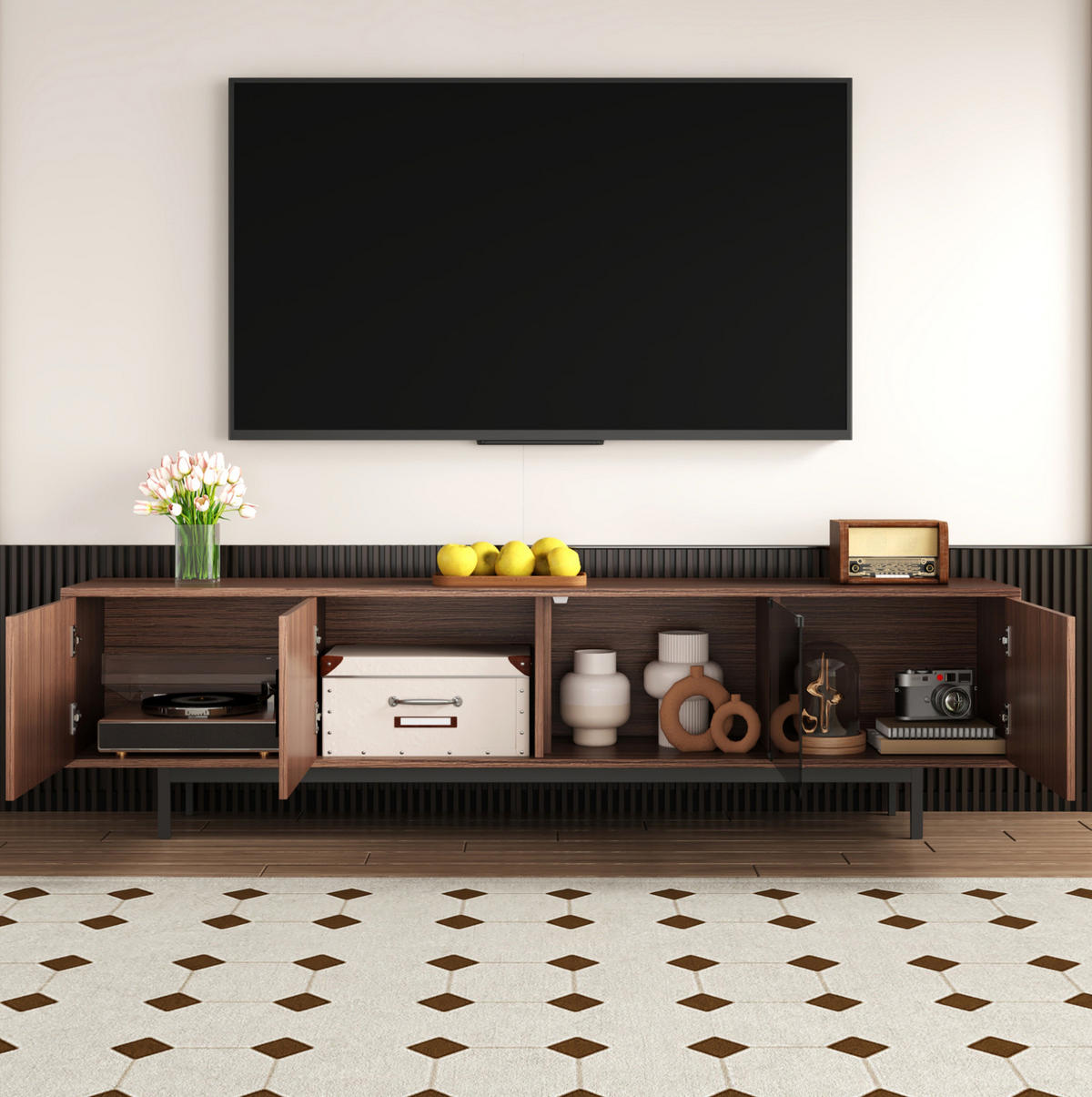 LOWBOARD 200/35/53 cm in Schwarz/Walnussbraun mit LED-Beleuchtung und Glastüren - Schwarz, Holzwerkstoff (200/53/35cm) - Flora Grace