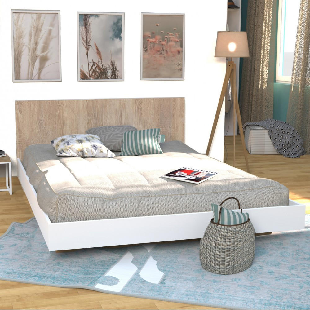 BETT LOFT / BETT 140x190 cm + Lattenrost + Kopfteil - Weiß & gebleichte Eiche - Weiß, Holzwerkstoff (140/190cm) - Weber Industries