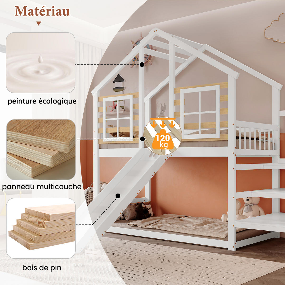 ETAGENBETT Blockhaus mit Rutsche Weiß - Naturfarben, Holz (90/200cm) - ComfortXL
