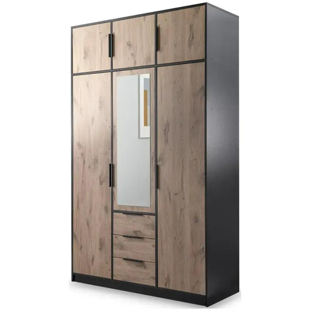 DREHTÜRENSCHRANK Livo mit 3 Türen und 3 Schubladen, mit Schrankaufsatz, eiche Viking+Schwarz, 150 cm - Eichefarben/Schwarz, Holzwerkstoff (150/245/57cm) - Beautysofa