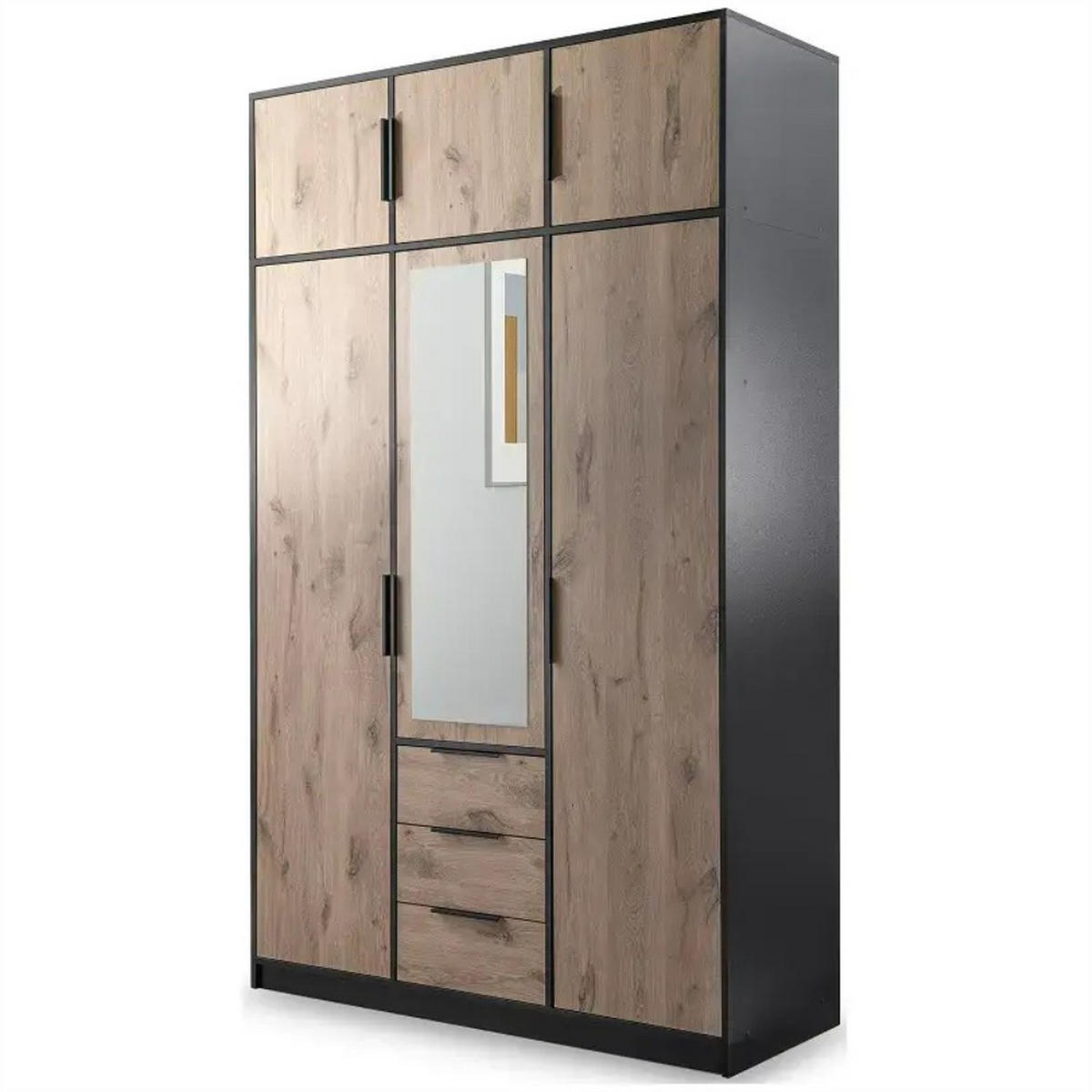 DREHTÜRENSCHRANK Livo mit 3 Türen und 3 Schubladen, mit Schrankaufsatz, eiche Viking+Schwarz, 150 cm - Eichefarben/Schwarz, Holzwerkstoff (150/245/57cm) - Beautysofa