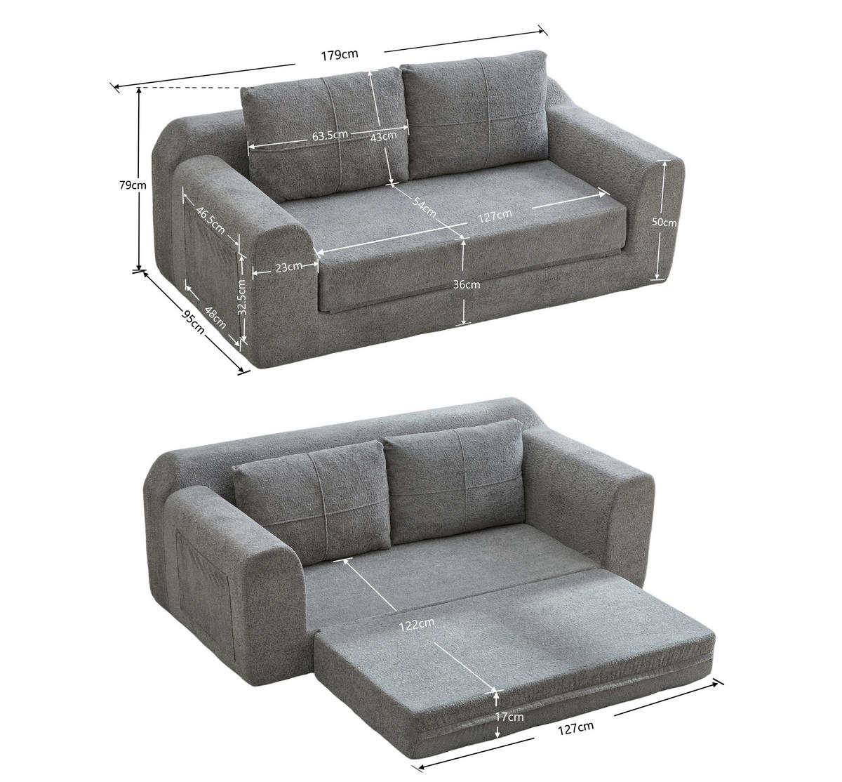 SCHLAFSOFA 179/95/79 cm klappbar als Bodensofa und Doppel-Bodenbett, samtweicher Bezug, Dunkelgrau - Dunkelgrau, Textil (178/61.5/96cm) - Redom