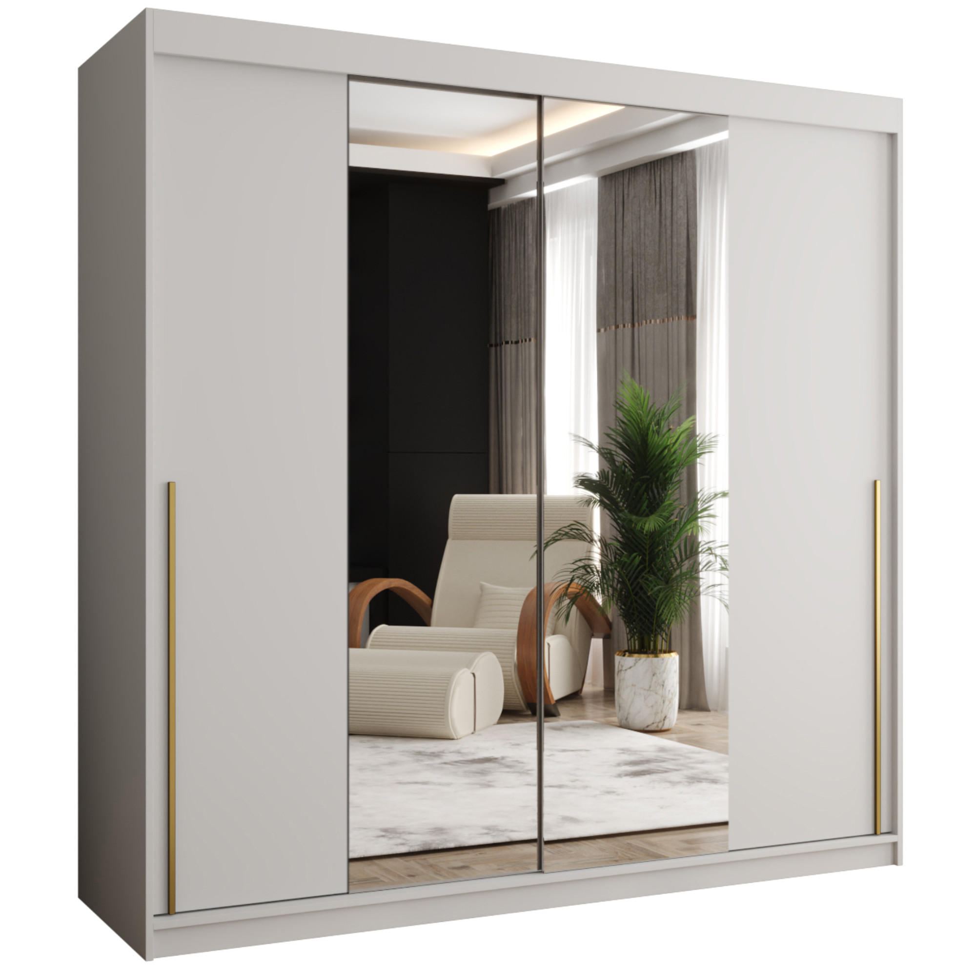 SCHWEBETÜRENSCHRANK mit Spiegel 200 cm Breite Weiß mit goldenem Griff - Goldfarben/Weiß, Holzwerkstoff (200/200/62cm) - Home Collective