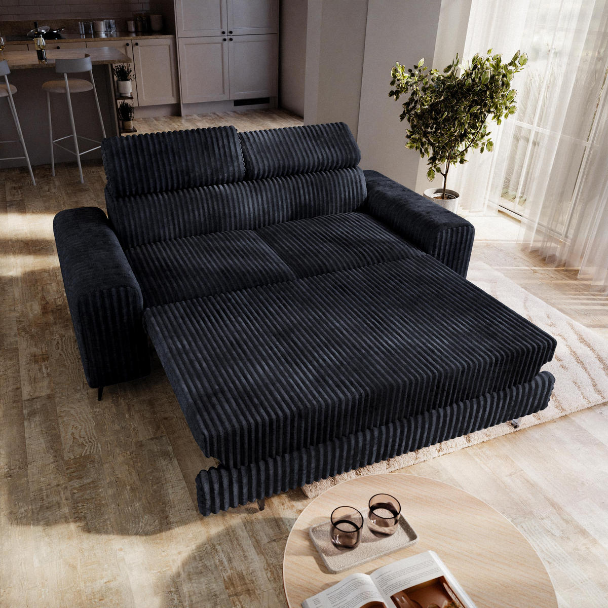BETTSOFA BENETE Schwarz Cordstoff mit Schlaffunktion - Schwarz, Holz/Textil (191/89/92cm) - MASSENO
