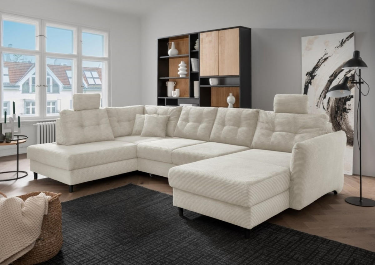 WOHNLANDSCHAFT mit Schlaffunktion, Bettkasten und Sitztiefenverstellung, Cord - Beige/Kieferfarben, Holz/Textil (340/91/206cm) - myHomelando