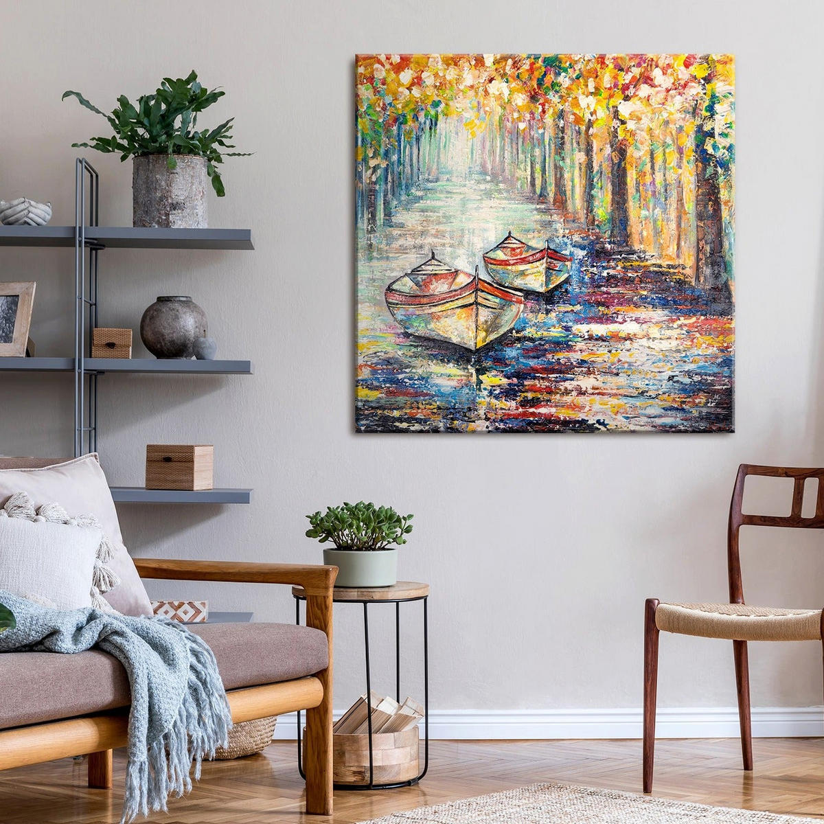 GEMÄLDE Herbstlicher Anlegeplatz auf Keilrahmen 90x90 cm - Orange, Holz (90/90cm) - YS-art gallery