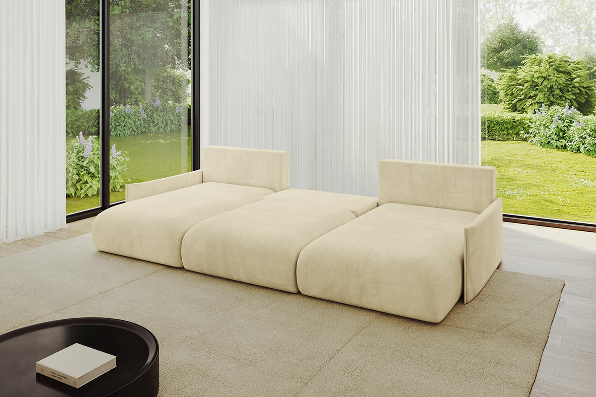 WOHNLANDSCHAFT mit Schlaffunktion und Bettkasten ONESK-U-v1 304x165x40 Beige Velours - Beige, Holzwerkstoff/Kunststoff (304/90/165cm) - ALTDECOR