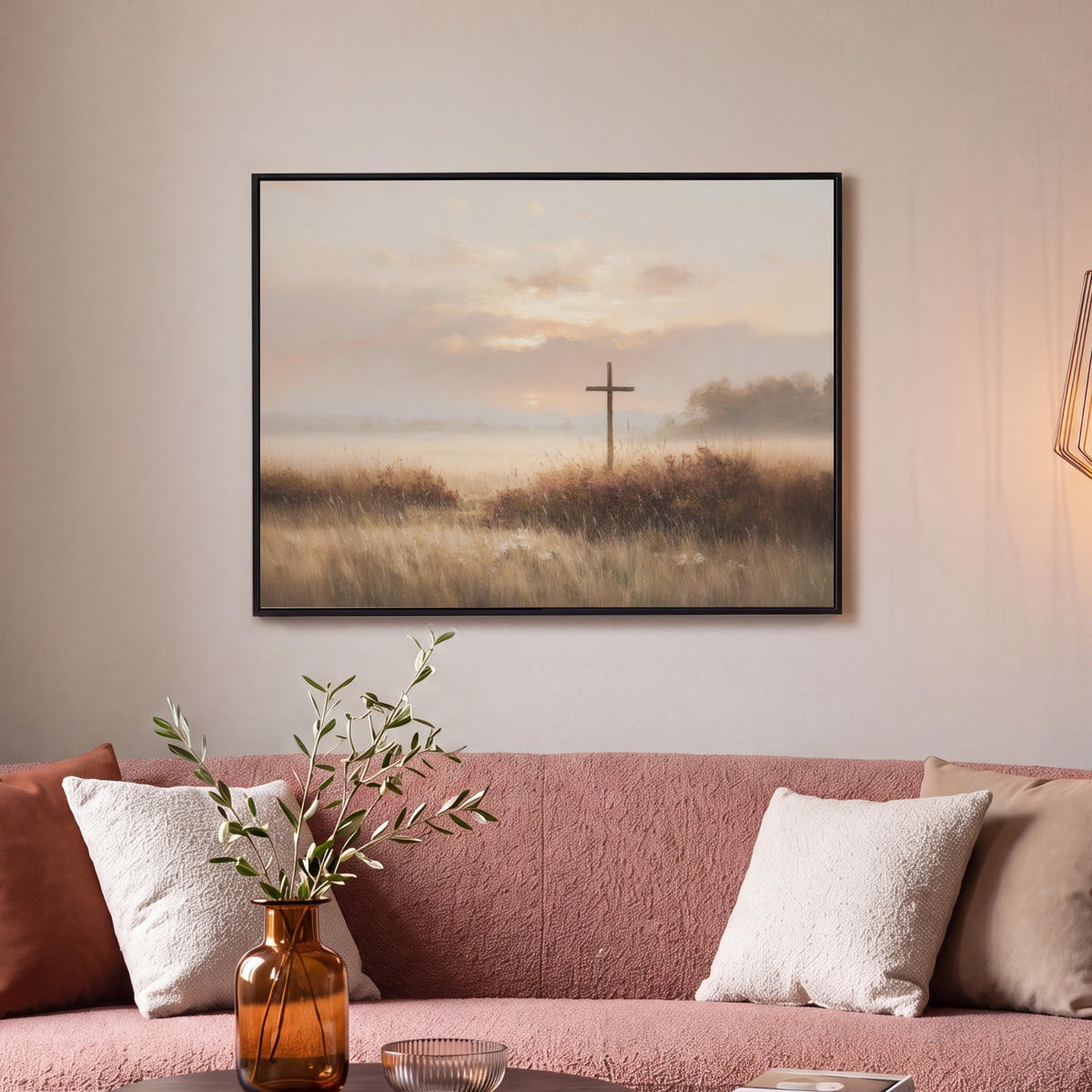 LEINWAND Bilder mit Rahmen - Gras - Morgennebel - Kreuz - Christentum - 80x60 - Beige, Textil (80/60cm) - MuchoWow