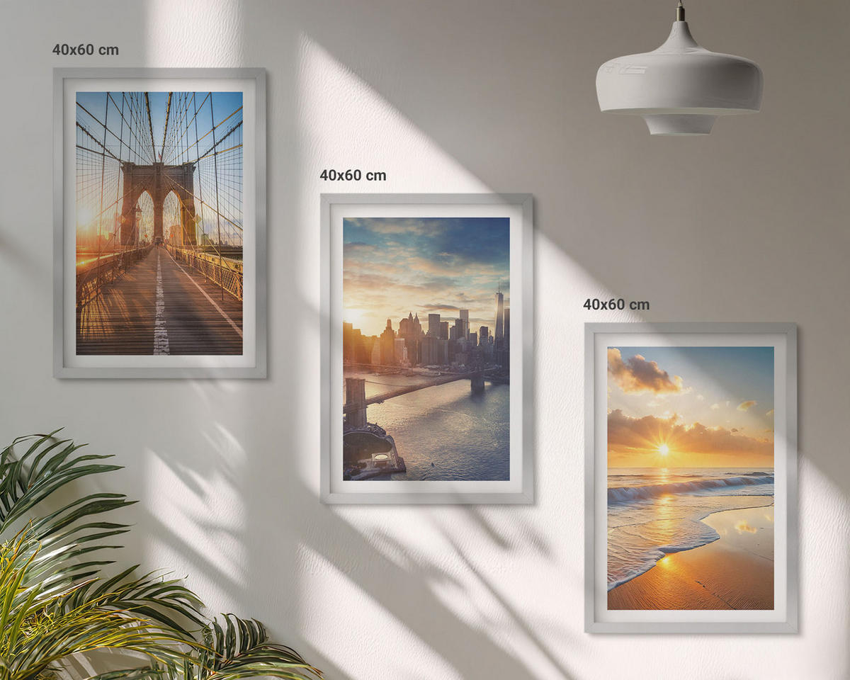 BILDER SET 3er Set - 40x60 cm Silberner Rahmen - Brücken, Sonnenuntergänge, Stadt - Silberfarben, Kunststoff (40/60cm) - TULUP
