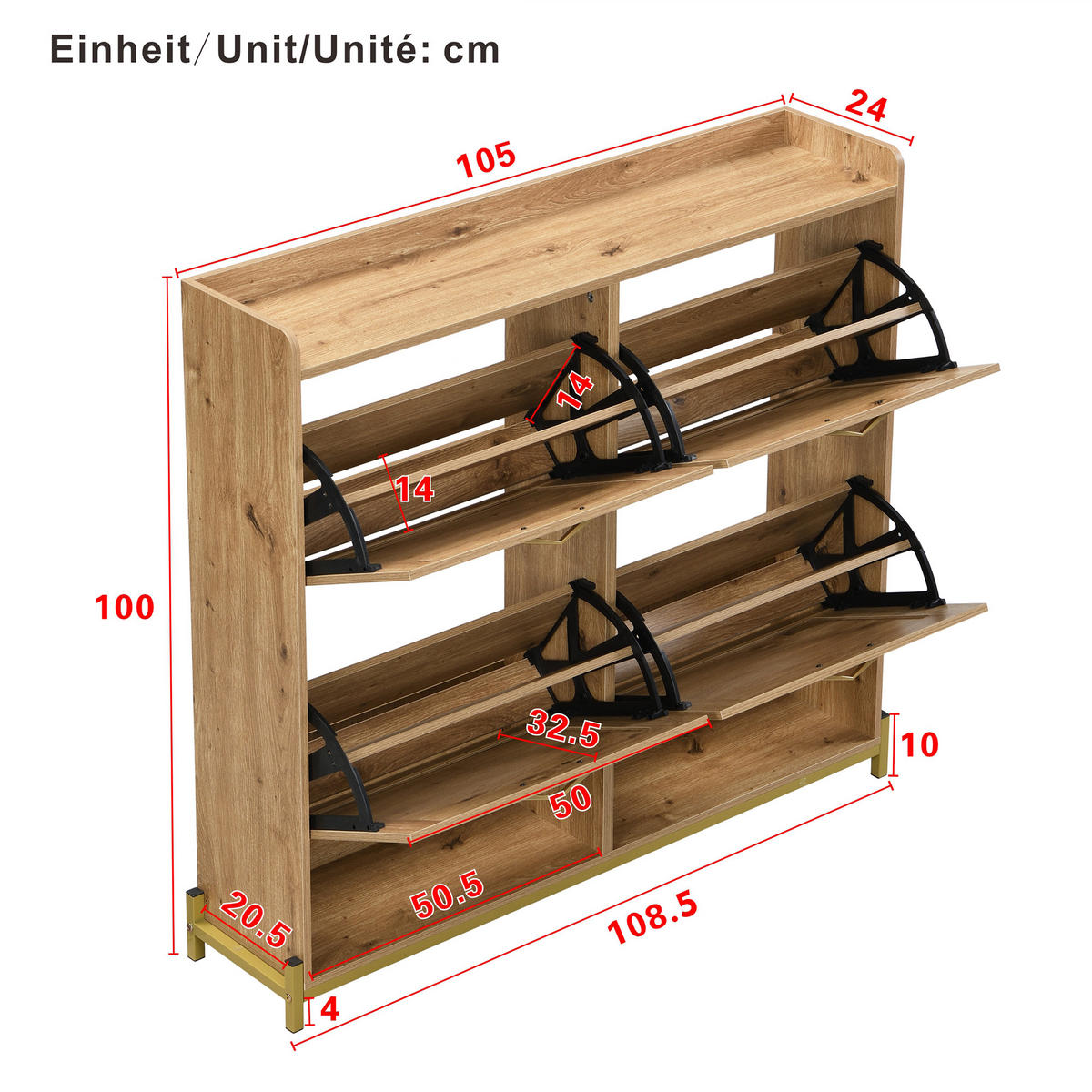 SCHUHSCHRANK Holz Rattantüren 4 Türen Metallrahmen Regal - Naturfarben, Holzwerkstoff (24/100/108.5cm) - FLIEKS