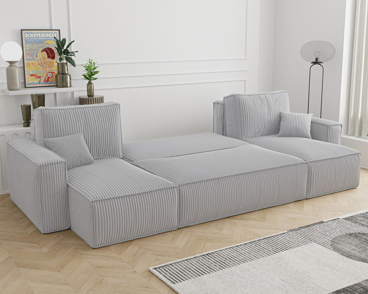 WOHNLANDSCHAFT Scarlo Hellgrau Cordbezug - Hellgrau/Schwarz, Kunststoff/Textil (312/83/145cm) - Selsey