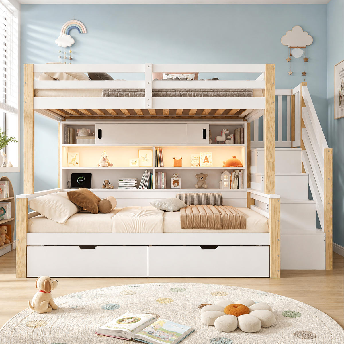 ETAGENBETT aus Kiefernholz 90x200 cm Weiß mit Stauraumtreppe, LED-Leiste und USB-Anschluss - Weiß, Holz (90/200cm) - Modfu