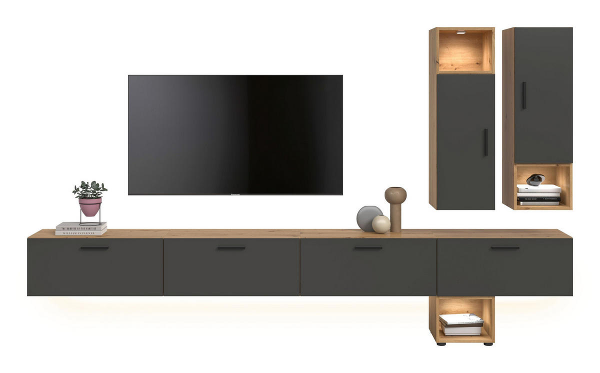 WOHNWAND INKL BELEUCHTUNG The One Basalt grau 300/34/178 cm - Braun, Holzwerkstoff (300/178/34cm) - Xonox