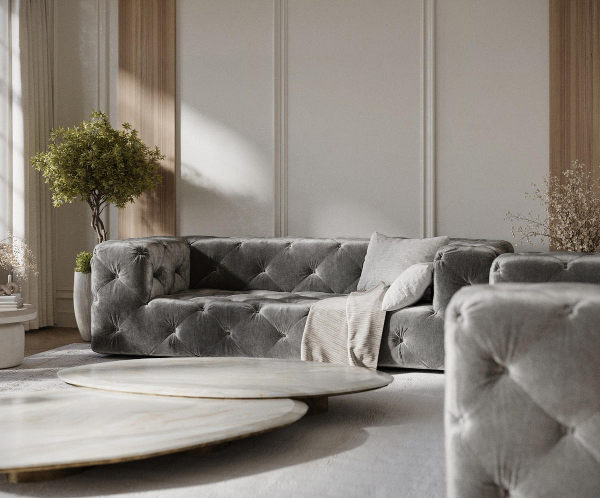 3-SITZER-SOFA Cosimo Grau Samtstoff - Schwarz/Grau, Holz/Holzwerkstoff (230/71/100cm) - Maison de Reve