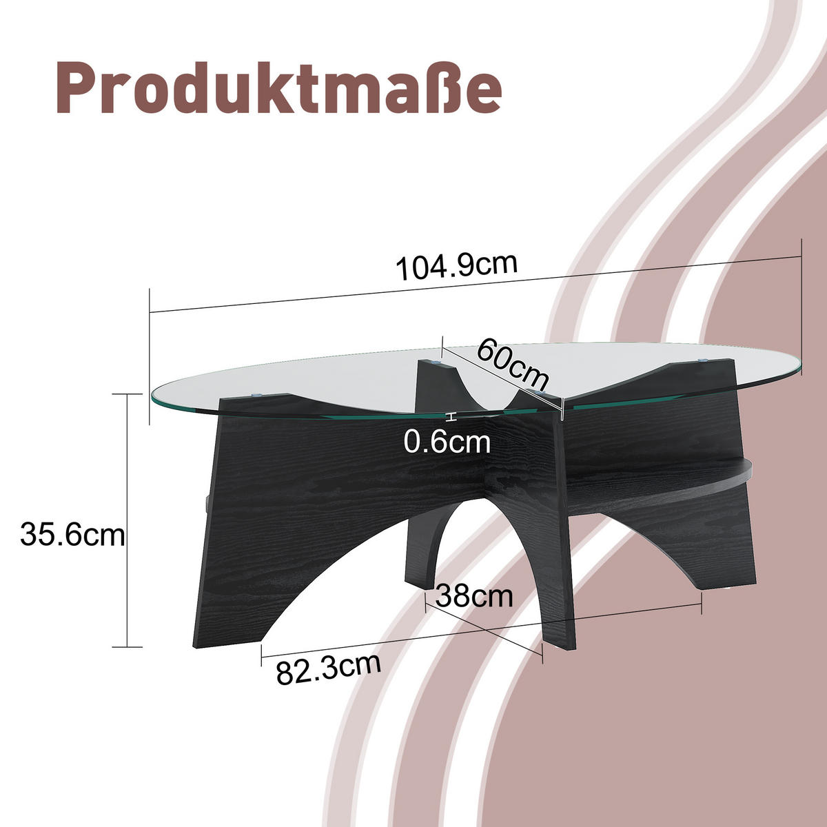 COUCHTISCH in Schwarz Moderner ovaler Beistelltisch mit Holzoptik für Esszimmer und Wohnzimmer, B104.9/T60/H35.6 cm - Transparent/Schwarz, Glas/Holzwerkstoff (60/104.9/35.6cm) - STILVORA
