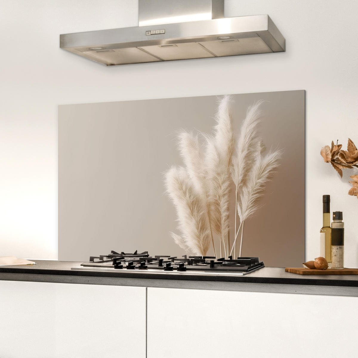 SPRITZSCHUTZ KÜCHE Pampasgras - Federn - Pastell - Weiß 90x60 cm - Creme, Metall (90/0.3/60cm) - MuchoWow