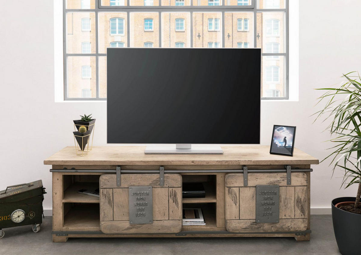 TV-BOARD Mango 160x45x50 whitewash lackiert RAILWAY #301 - Beige, Holz (160/50/45cm) - Massivmoebel24