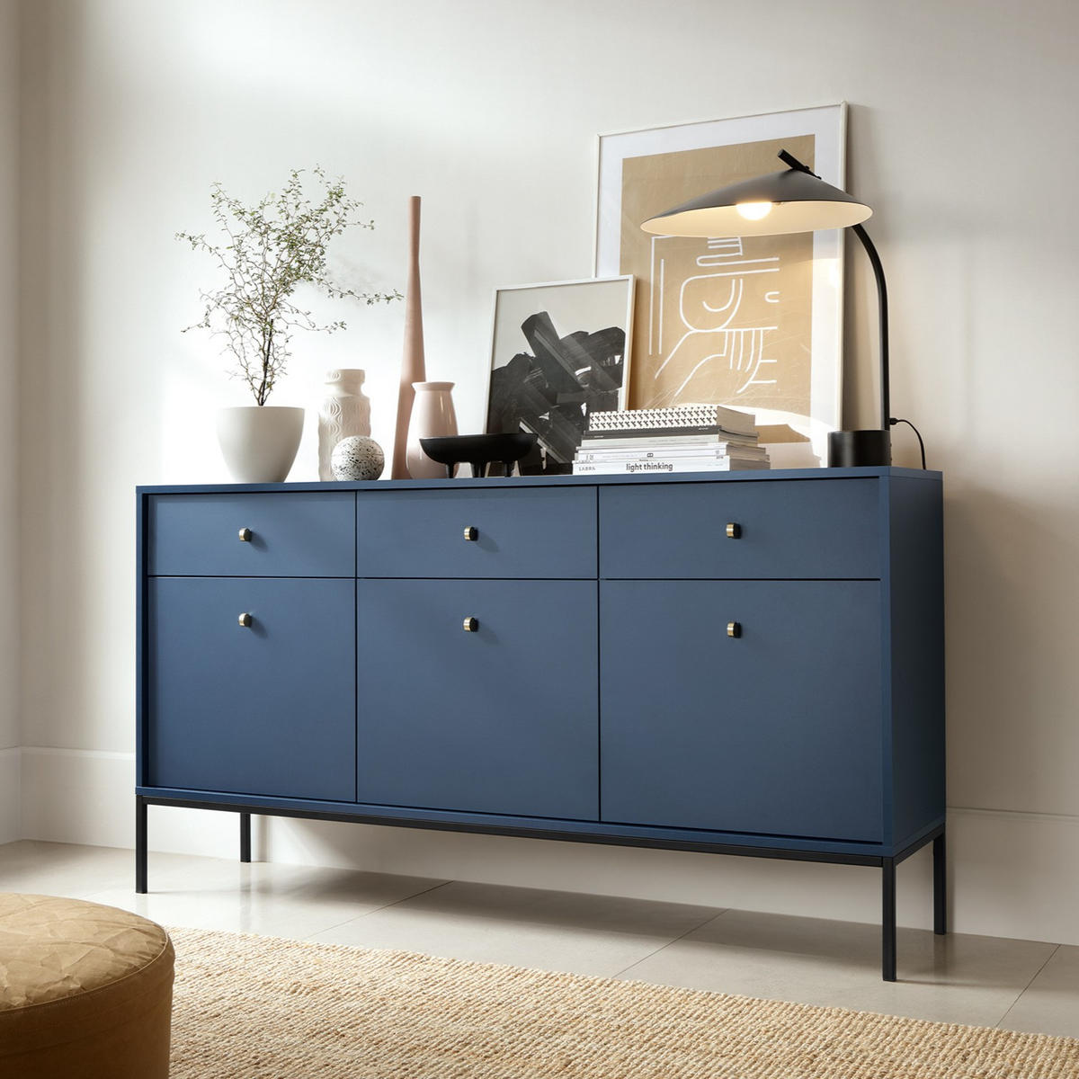 KOMMODE BARI K3D3SZ (Blau, Goldene Griffe, Schwarzes Gestell, Schubladen) - Goldfarben/Schwarz, Holz/Holzwerkstoff (153/83/39cm) - Ravio