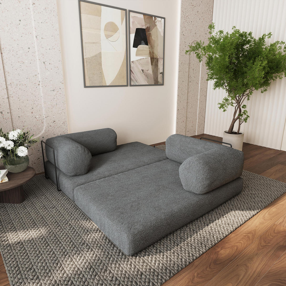 ECKSOFA KELI modulares Boneless Sofa mit Schlaffunktion Grau Boucle-Stoff - Grau, Textil (270/160cm) - MASSENO