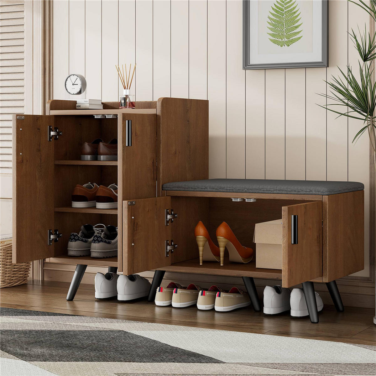 SCHUHSCHRANK Schuhbank 120x34x82 cm Metallgriffe Braun - Braun, Holz (120/82/34cm) - Kaket