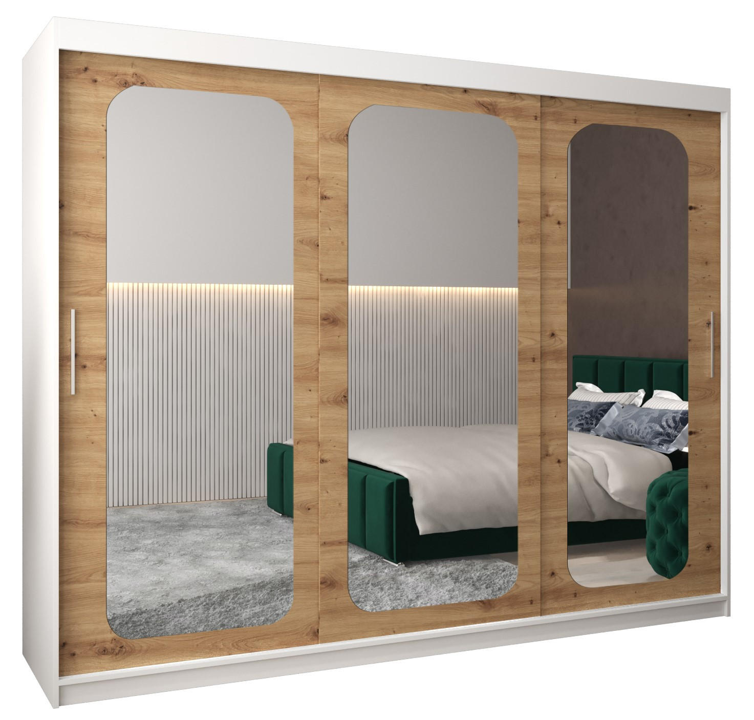 Abiks Möbel Schwebetürenschrank Weiß, Eiche Artisan 250x200x62 cm