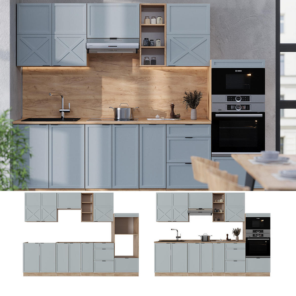 KÜCHENZEILE Fame-Line Hellblau-grau/Goldkraft Eiche 280 cm ohne AP - Honigeiche/Blaugrau, Holzwerkstoff (280/81.6/46cm) - Vicco