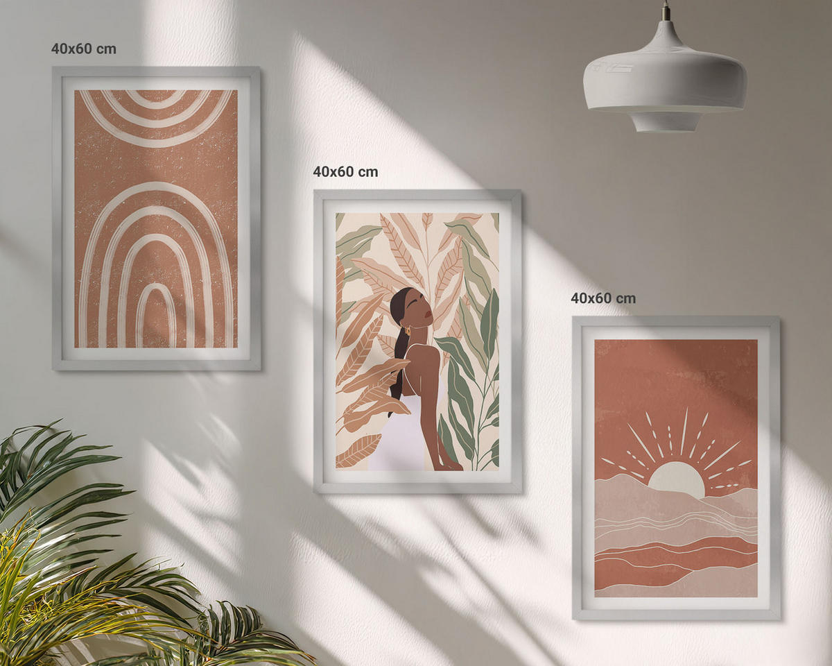 BILDER SET 3er Set - 40x60 cm Silberner Rahmen - abstrakte Formen im Boho-Stil - Silberfarben, Kunststoff (40/60cm) - TULUP