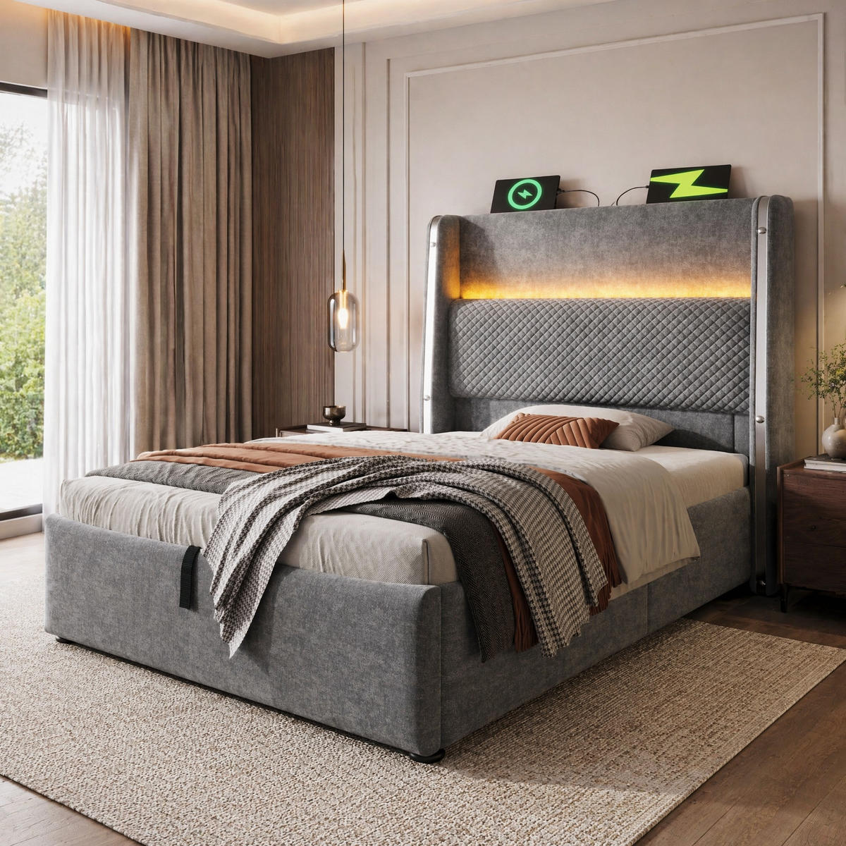 POLSTERBETT 90/200 cm in Grau mit Bettkasten, LED und USB/Type-C Leinen Design - Grau, Holzwerkstoff/Textil (90/200cm) - STILVORA