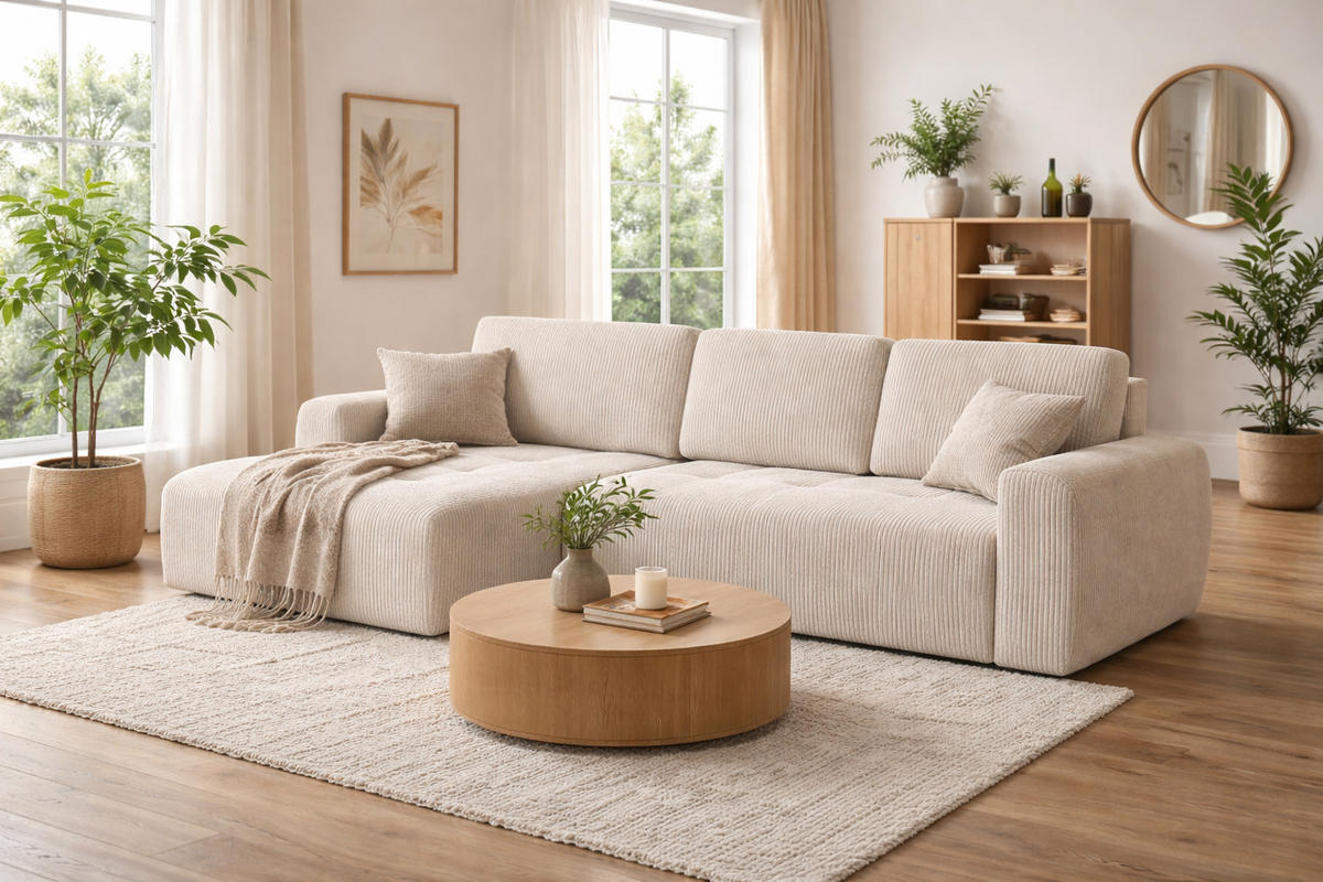 ECKSOFA Mit Schlaffunktion Und Bettkasten L-Form Ivo XL, Cordstoff Poso, Beige, Links - Beige, Holz (280/142cm) - Kaiser Möbel