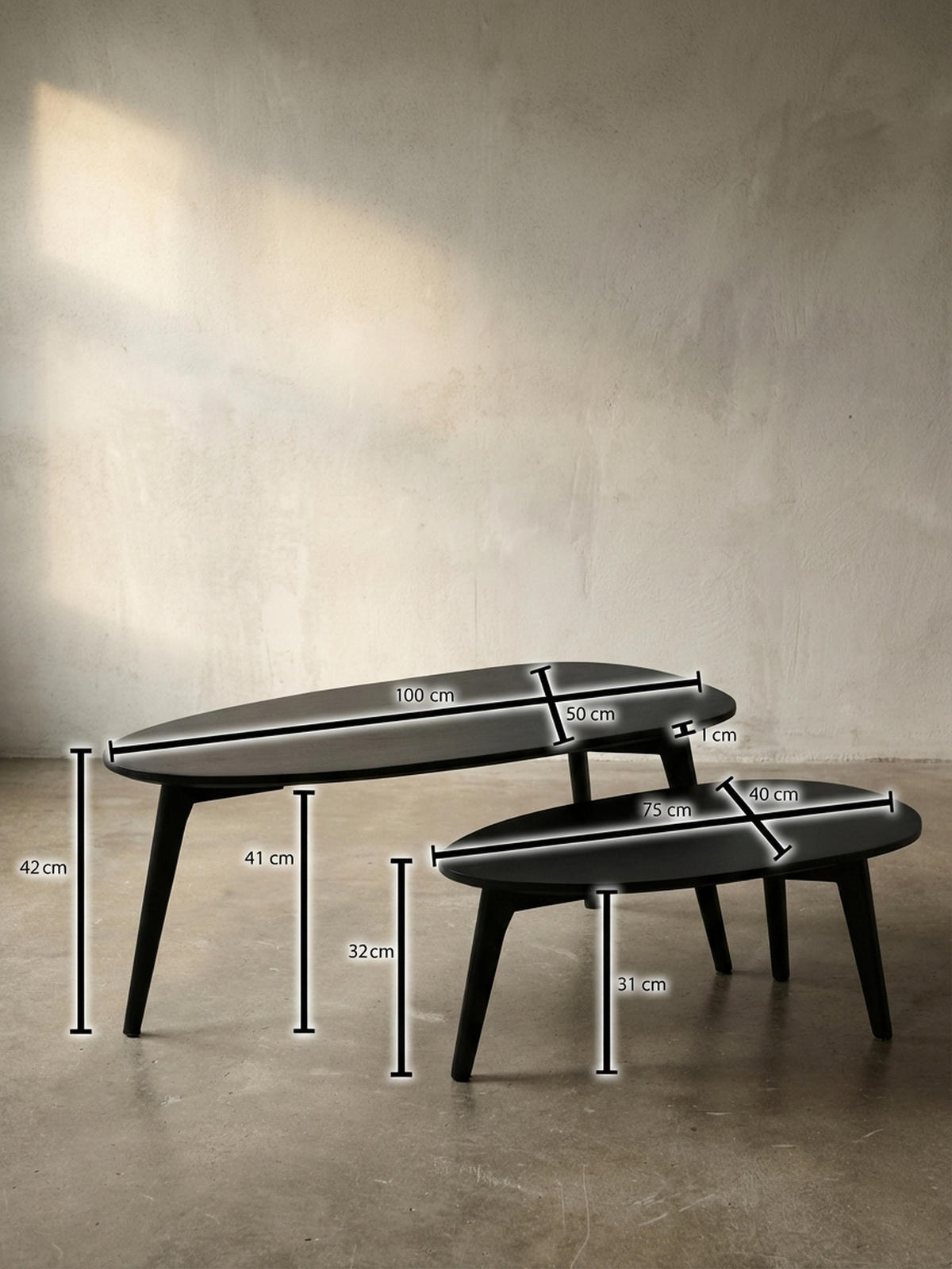 COUCHTISCH 2er Set Massivholz Nierenform Retro Handgefertigt, Schwarz 100x50x42 cm - Schwarz, Holz (50/100/42cm) - KADIMA DESIGN