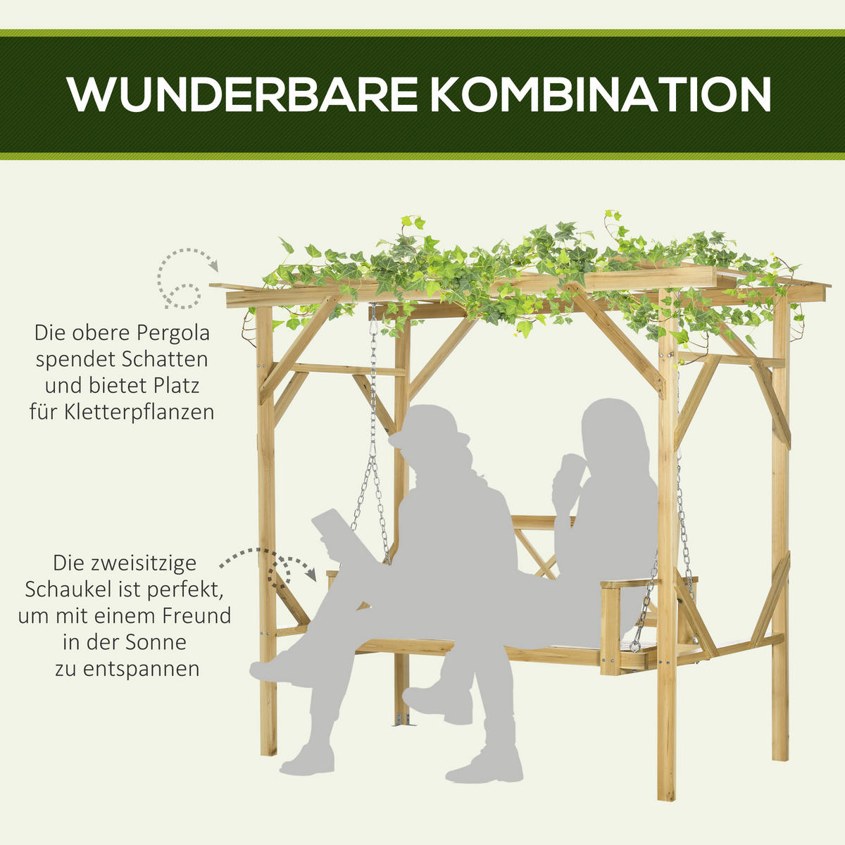 HOLLYWOODSCHAUKEL mit Pergola, Massivholz, Natur, 221 x 140 x 196 cm - Naturfarben, Holz (140/196/221cm) - Outsunny