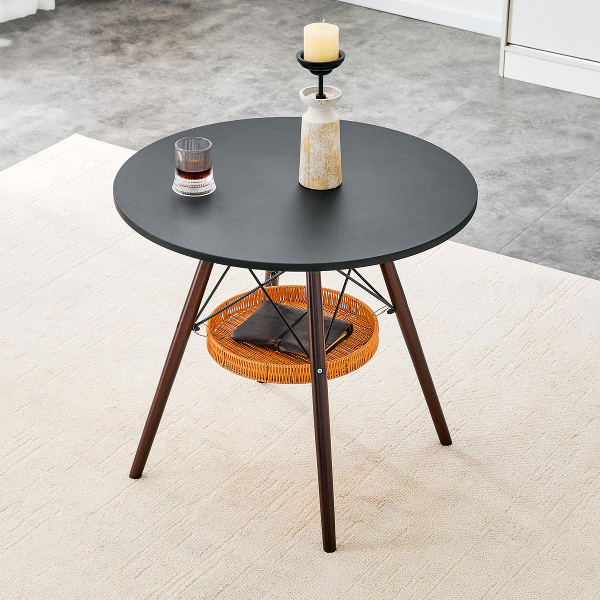 ESSTISCH in Eichefarben|Schwarz Küchentisch mit MDF-Tischplatte, Massivholzbeinen und geflochtener Ablage, B80/T80/H71.5cm - Eichefarben/Schwarz, Holzwerkstoff/Metall (80/80/71.5cm) - STILVORA