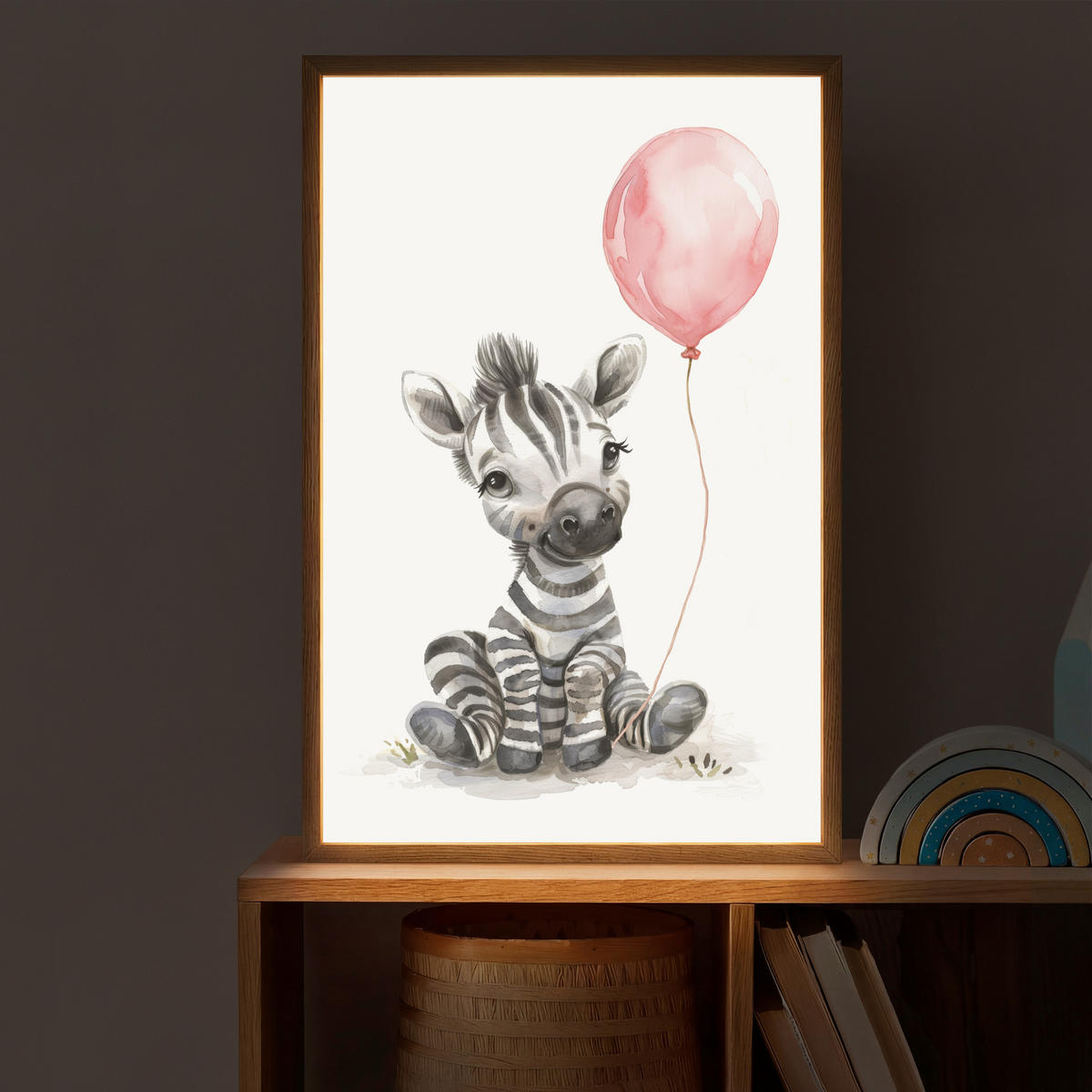 NACHTTISCHLAMPE MIT AKKU Zebra - Baby - Tiere - Rosa Luftballon 40x60 cm - Weiß, Holzwerkstoff (8/40/60cm) - OnlyWow