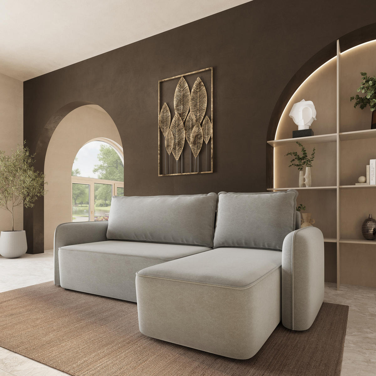 ECKSOFA DOLVER CL Hellgrau Samtstoff mit Schlaffunktion - Hellgrau, Holzwerkstoff/Textil (238/156cm) - MASSENO