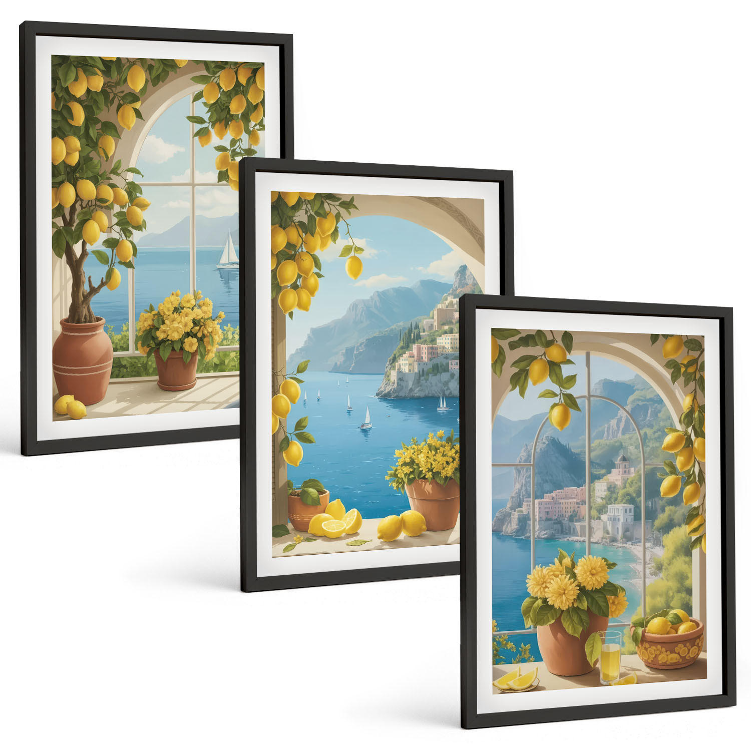 BILDER SET 3er Set - 40x60 cm Schwarzer Rahmen - Meereslandschaften, Zitronen, Fenster - Schwarz, Kunststoff (40/60cm) - TULUP