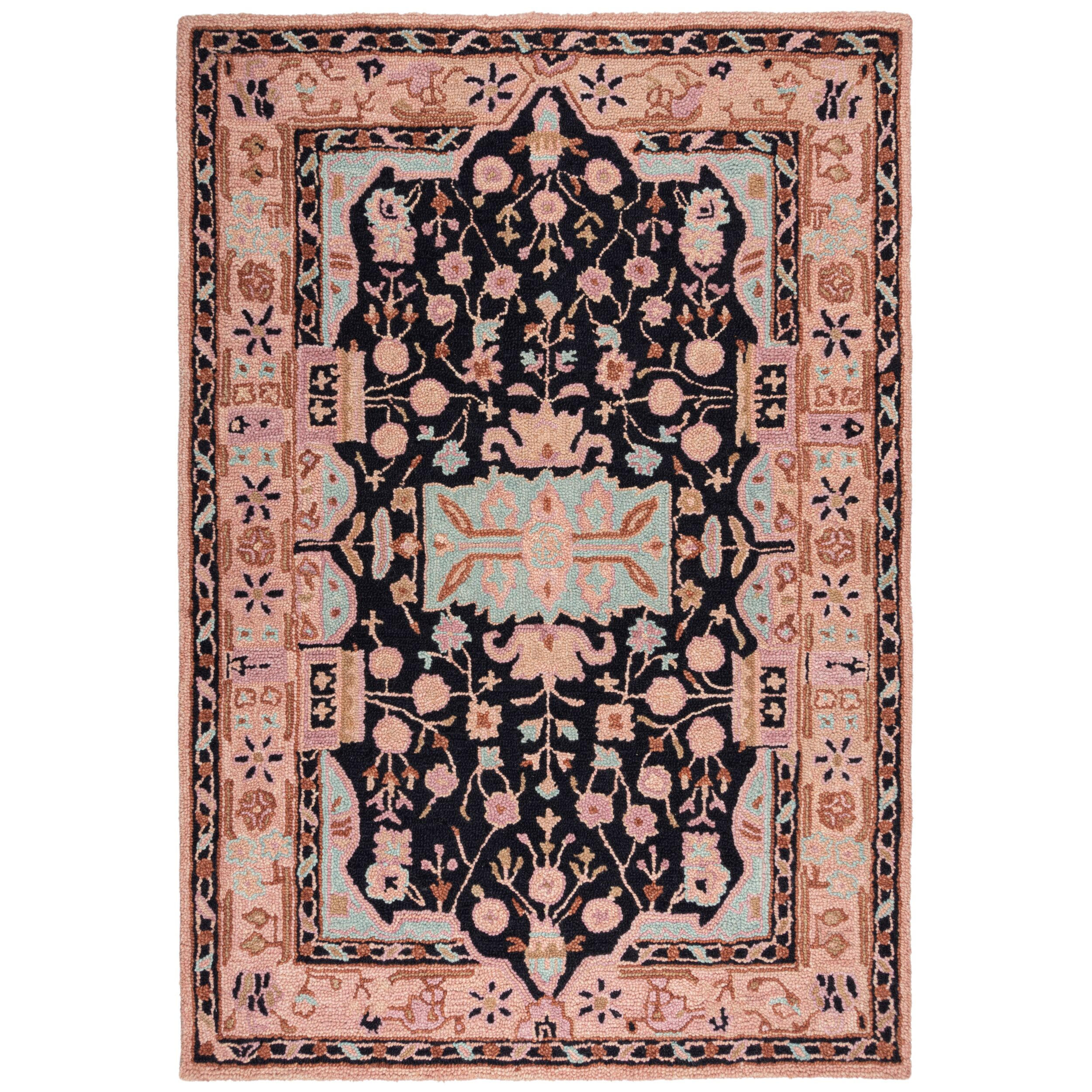 WOLLTEPPICH Orient Traditionelles Blumenmuster, Wohnzimmer Rosa-Schwarz Rechteckig 200x290 - Rosa, Textil (200/290cm) - KADIMA DESIGN