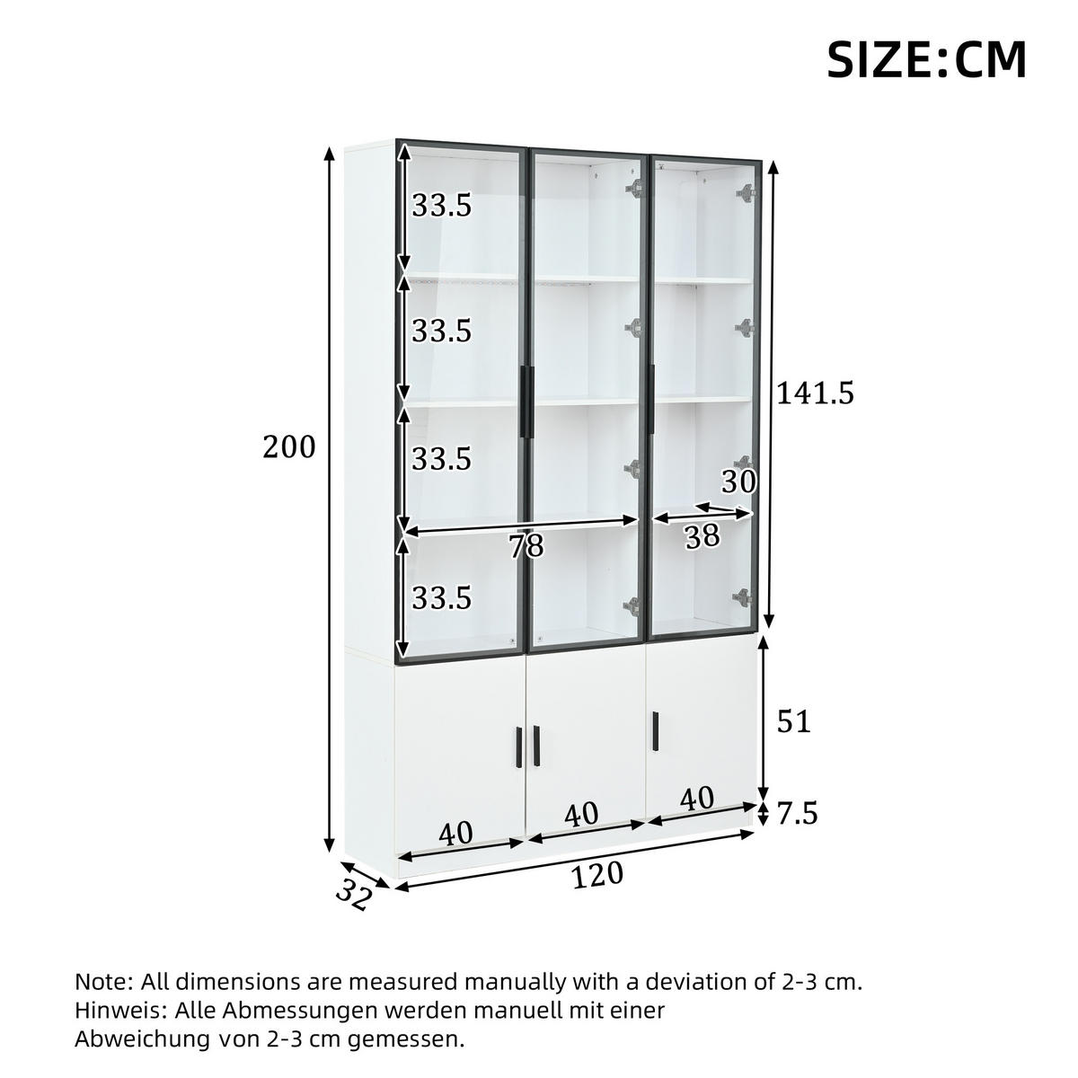 VITRINE LED Glasvitrine Hochschrank 200cm 6 Türen Weiß - Weiß, Holzwerkstoff (120/200/32cm) - FLIEKS